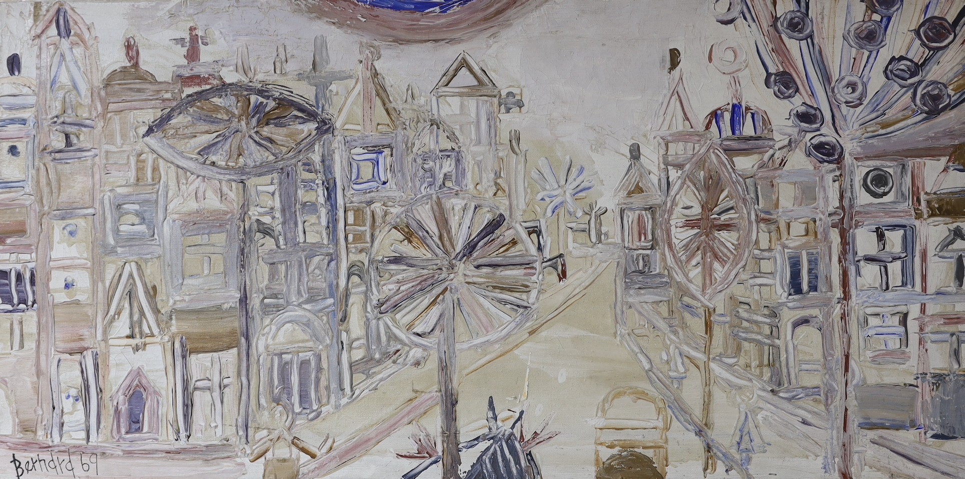 Bernard 1969, oil on canvas, Stylised street scene, signed and dated '69, 38 x 76cm, unframed